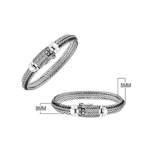Sterling Silver Triple Braided Chain Bracelet With Chevron Woven Links, Oxidized Detailing And Decorative Rectangular Box Clasp