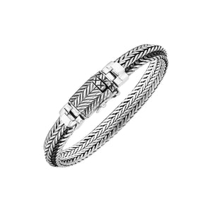 Sterling Silver Triple Braided Chain Bracelet With Chevron Woven Links, Oxidized Detailing And Decorative Rectangular Box Clasp
