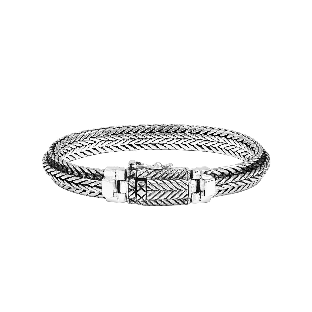Sterling Silver Triple Braided Chain Bracelet With Chevron Woven Links, Oxidized Detailing And Decorative Rectangular Box Clasp