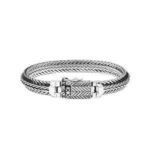 Sterling Silver Triple Braided Chain Bracelet With Chevron Woven Links, Oxidized Detailing And Decorative Rectangular Box Clasp