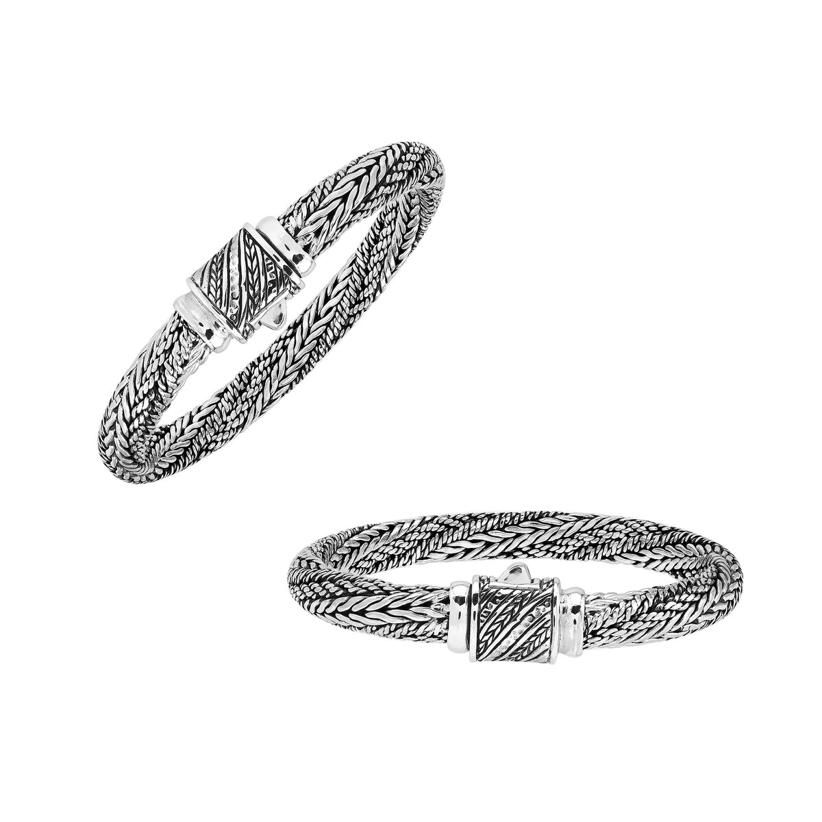 Sterling silver multi-strand braided chain bracelet featuring intricate woven textures, oxidized detailing, polished accents, and an engraved rectangular push clasp.