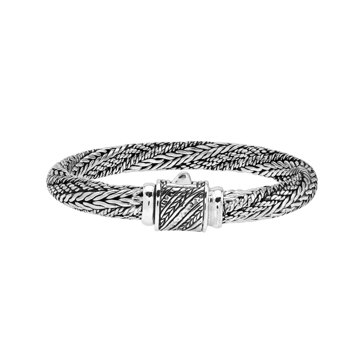 Sterling silver multi-strand braided chain bracelet featuring intricate woven textures, oxidized detailing, polished accents, and an engraved rectangular push clasp.