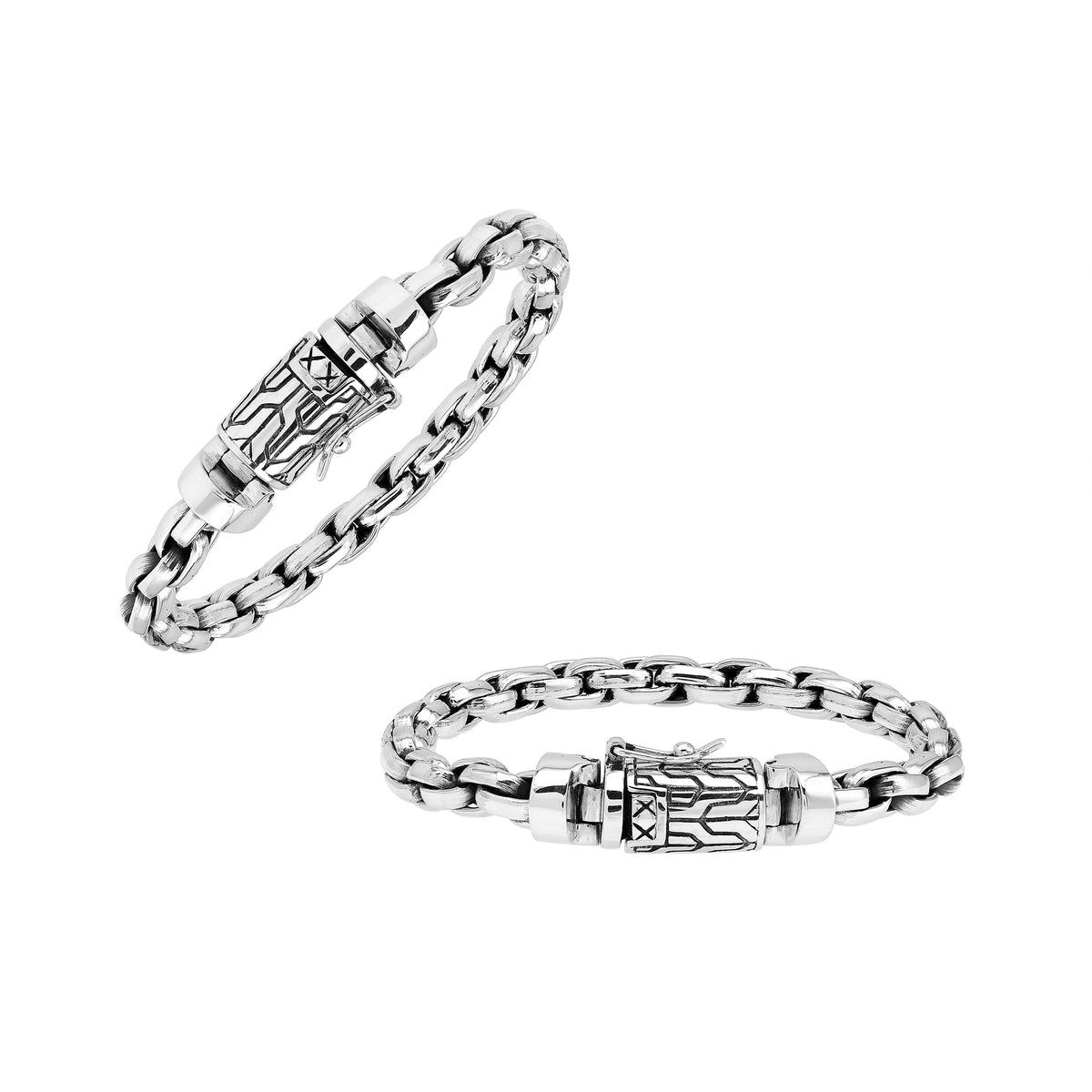 Sterling silver round braided link chain bracelet featuring substantial interwoven links, polished surfaces, oxidized accents, and an engraved decorative box clasp.