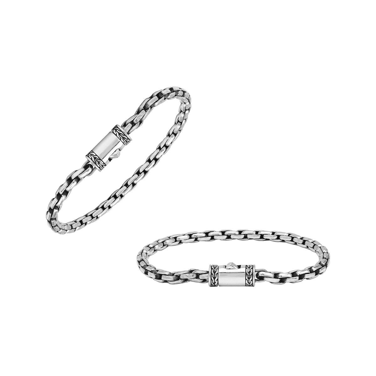 Sterling Silver Oval Link Chain Bracelet With Oxidized Interlocking Links And Decorative Cylindrical Box Clasp