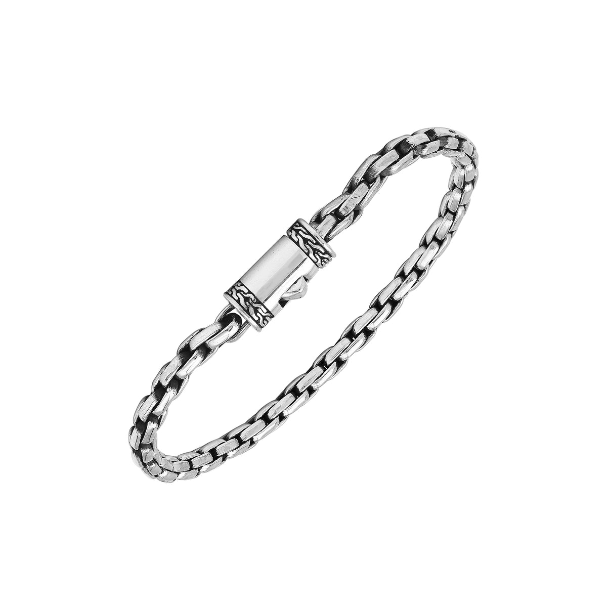 Sterling Silver Oval Link Chain Bracelet With Oxidized Interlocking Links And Decorative Cylindrical Box Clasp