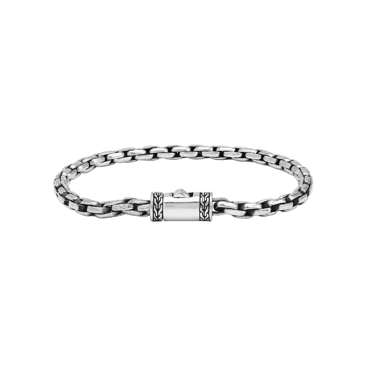 Sterling Silver Oval Link Chain Bracelet With Oxidized Interlocking Links And Decorative Cylindrical Box Clasp