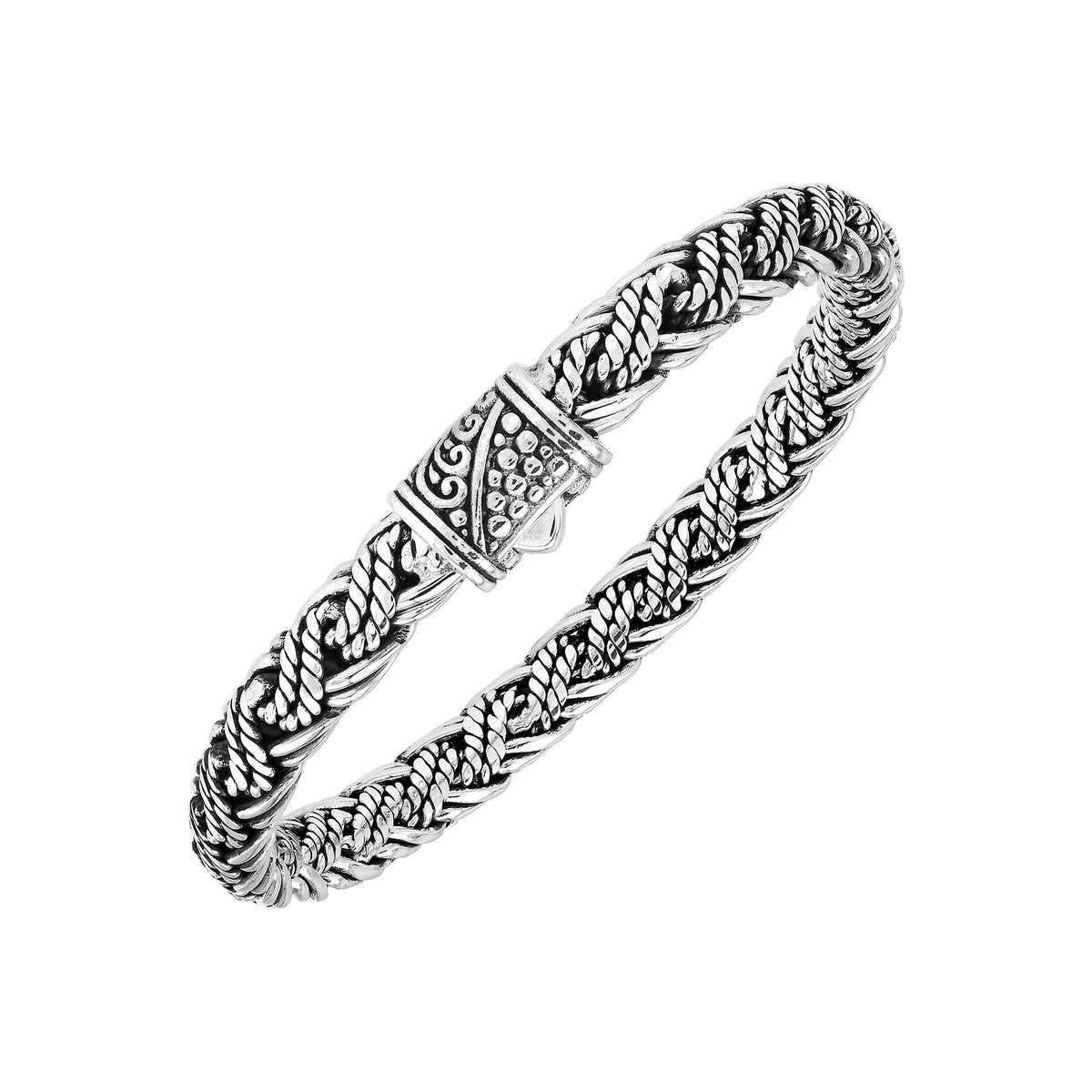 Sterling silver twisted rope chain bracelet featuring wrapped textured links, deep oxidized accents, polished detailing, and an engraved decorative push clasp.