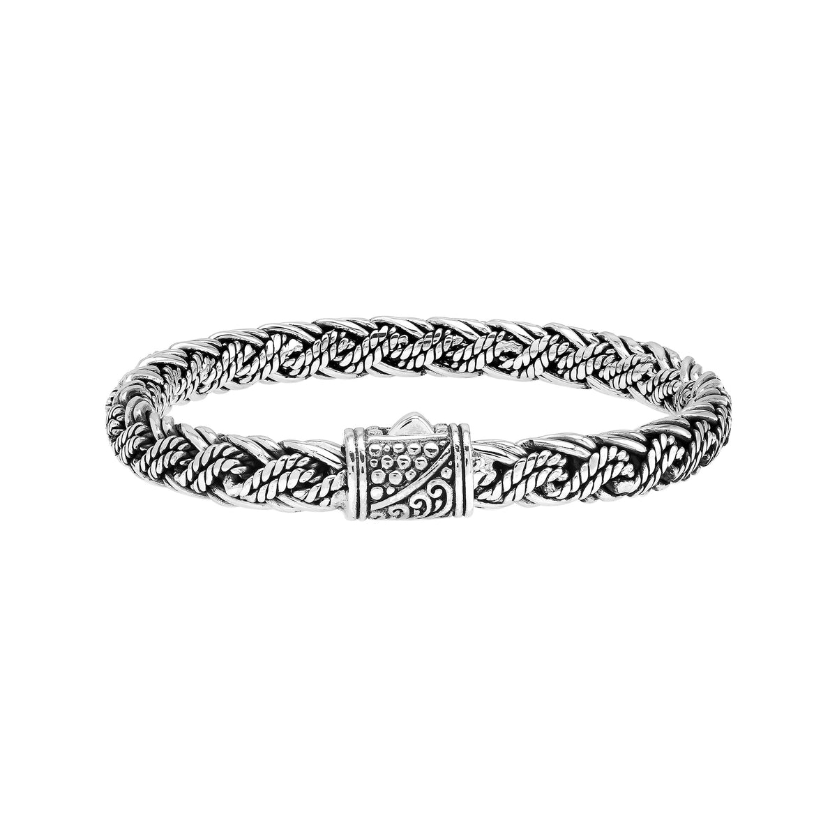 Sterling silver twisted rope chain bracelet featuring wrapped textured links, deep oxidized accents, polished detailing, and an engraved decorative push clasp.