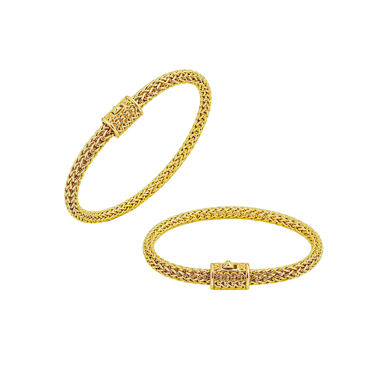 18K gold woven chain bracelet with push clasp lock and polished handcrafted finish.