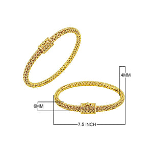 18K gold woven chain bracelet with push clasp lock and polished handcrafted finish.