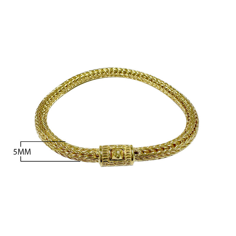18K gold rounded woven chain bracelet with push clasp lock and polished handcrafted finish.