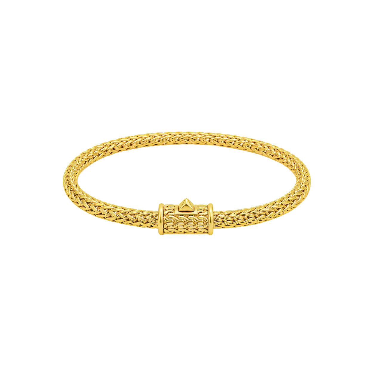 18K gold rounded woven chain bracelet with push clasp lock and polished handcrafted finish.
