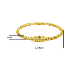 18K gold rounded woven chain bracelet with push clasp lock and polished handcrafted finish.