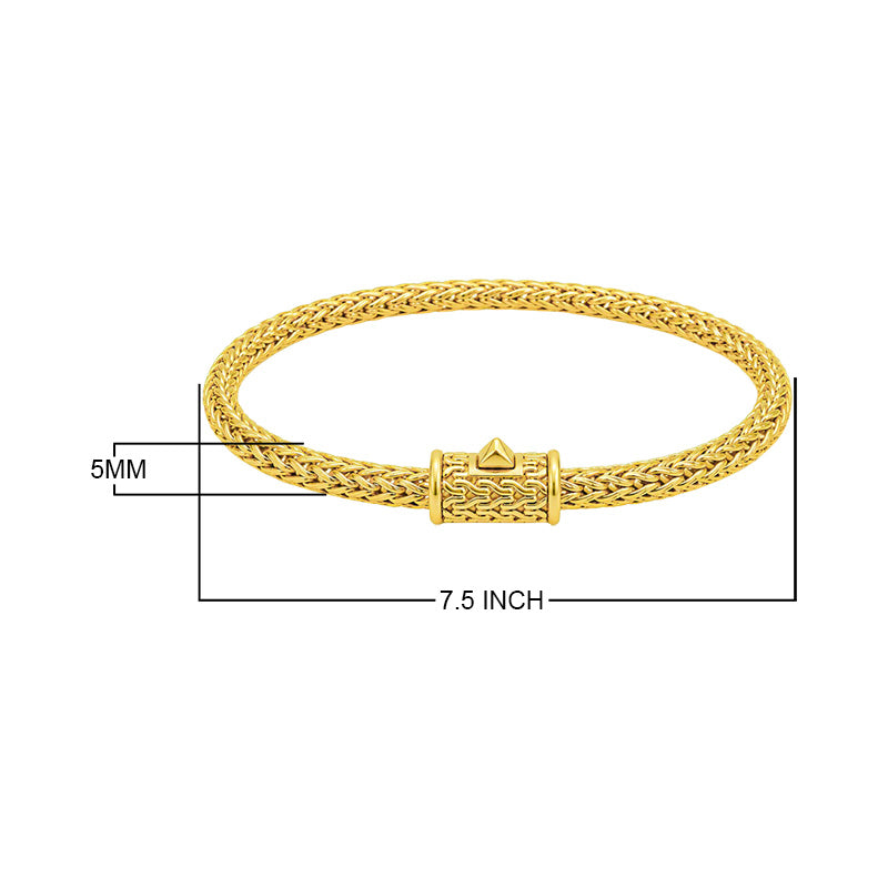 18K gold rounded woven chain bracelet with push clasp lock and polished handcrafted finish.