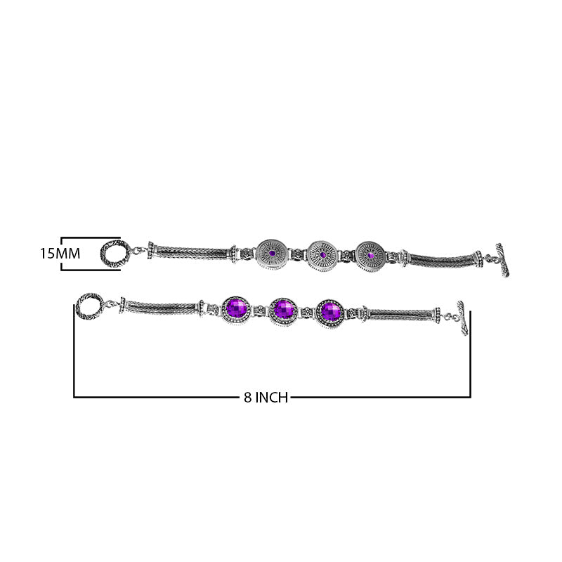 Handcrafted sterling silver bracelet featuring faceted Amethyst Quartz and multi-link circular motifs with a braided chain and toggle lock.