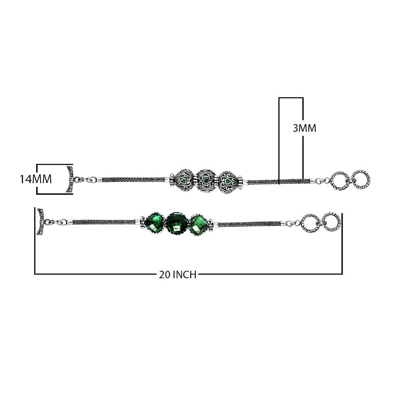 Wholesale sterling silver bracelet featuring three cushion Green Quartz stones set in detailed Balinese frames with woven chain segments and a secure toggle lock for catalog-ready use.
