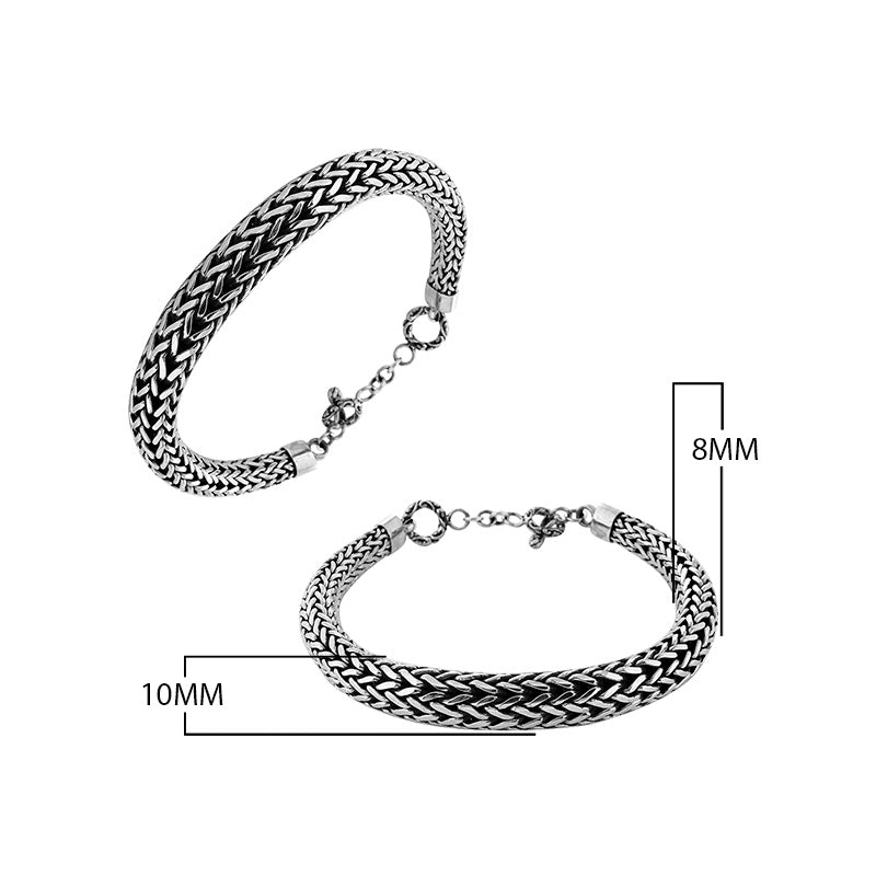 Wholesale sterling silver bracelet with thick woven Balinese chain design, oxidized detailing, polished ends, and a secure toggle lock ideal for catalog and bulk orders.