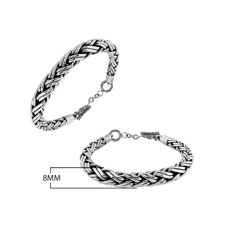 Wholesale sterling silver bracelet featuring a thick 8MM round braided chain with polished and oxidized detailing, complete with a secure toggle lock for bulk catalog display.