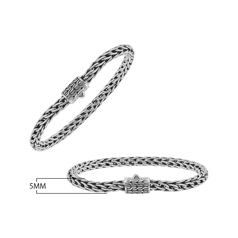 Wholesale sterling silver bracelet with a polished 5MM woven Balinese chain and a secure push clasp designed for durable and premium catalog presentation.