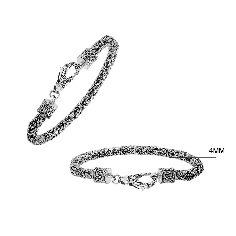 Wholesale sterling silver bracelet showcasing a detailed 4MM woven Balinese chain with oxidized texture and a secure lobster lock suitable for catalog listings.