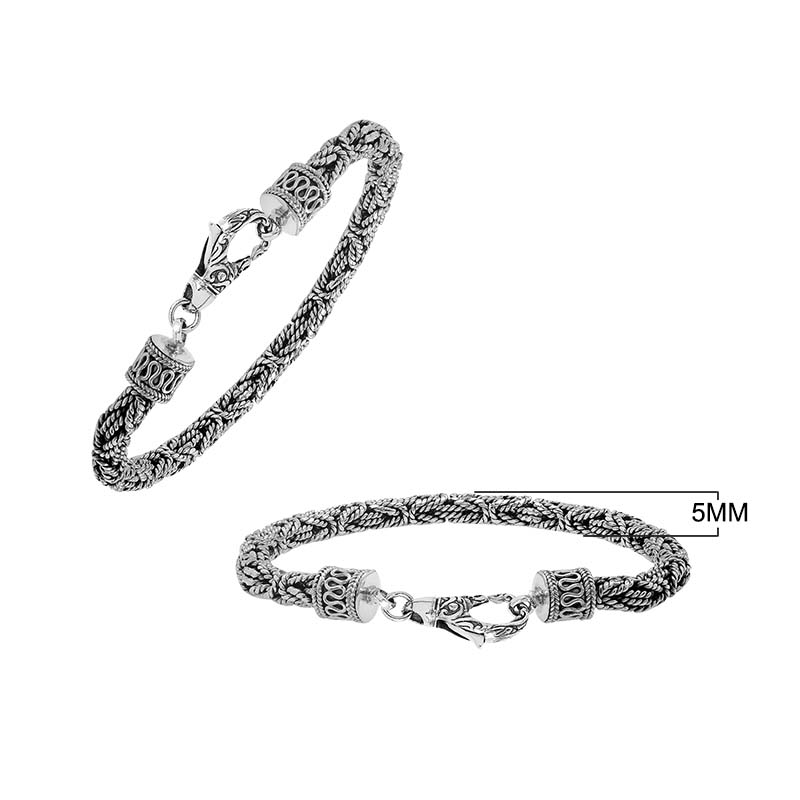 Wholesale sterling silver bracelet featuring a handcrafted 5MM woven Balinese chain design with oxidized detailing and a secure lobster lock for catalog listings.