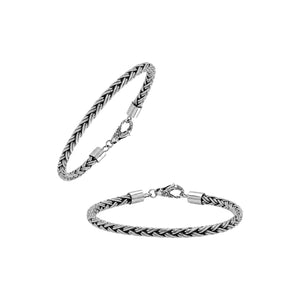 Sterling silver braided wheat chain bracelet with oxidized finish and hook clasp handcrafted in Bali.