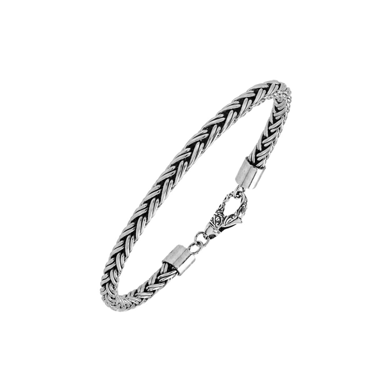 Sterling silver braided wheat chain bracelet with oxidized finish and hook clasp handcrafted in Bali.