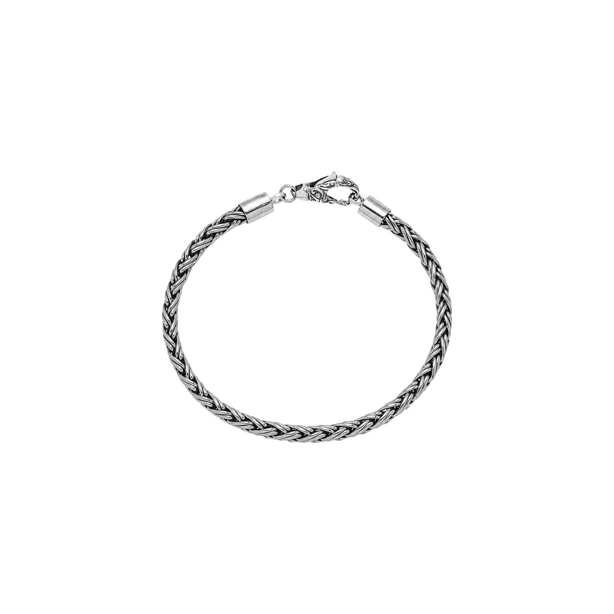Sterling silver braided wheat chain bracelet with oxidized finish and hook clasp handcrafted in Bali.