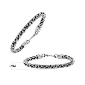 Sterling silver braided wheat chain bracelet with oxidized finish and hook clasp handcrafted in Bali.