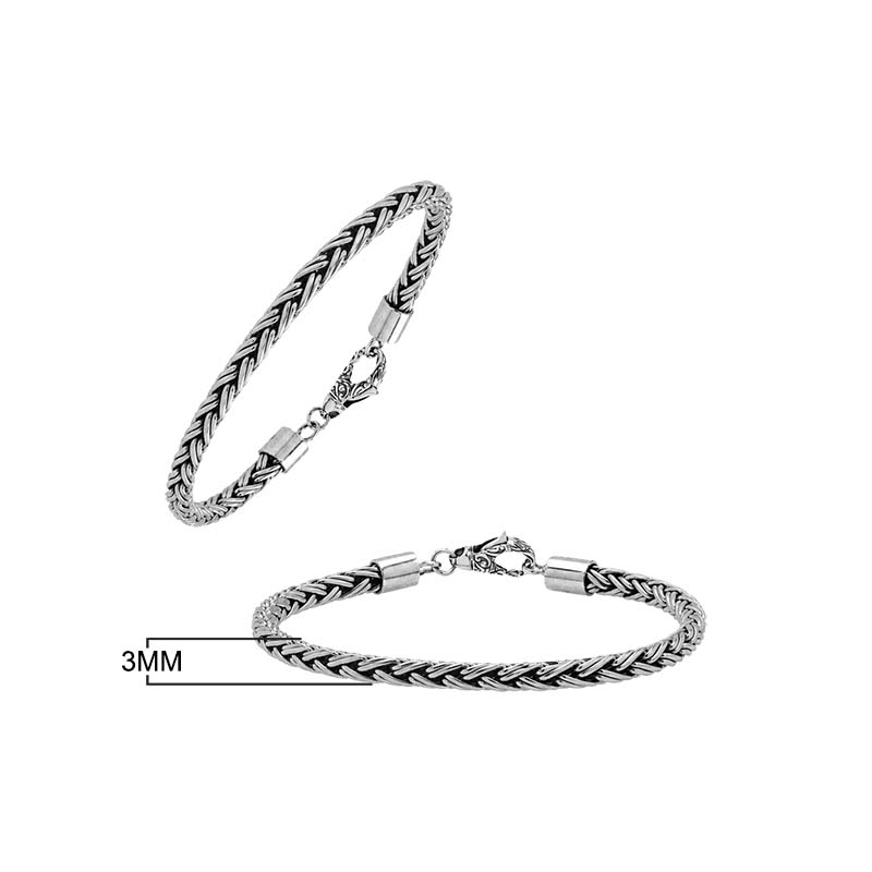 Sterling silver braided wheat chain bracelet with oxidized finish and hook clasp handcrafted in Bali.