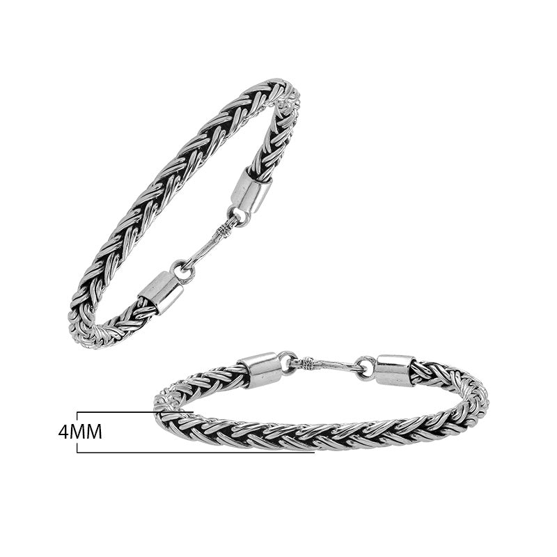 Sterling silver round wheat chain bracelet with oxidized finish and hook clasp handcrafted in Bali.