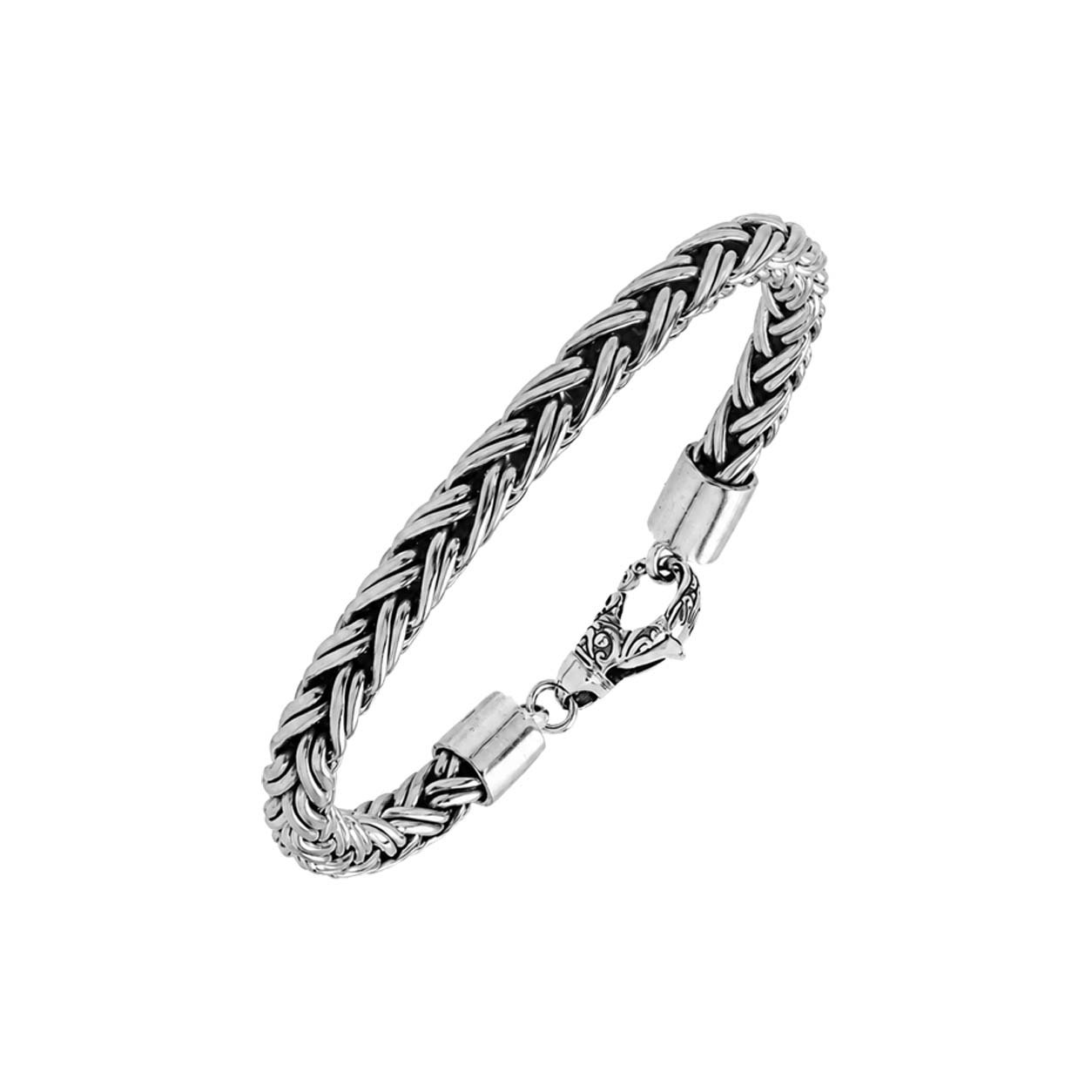 Sterling silver thick braided wheat chain bracelet with oxidized finish and hook clasp handcrafted in Bali.