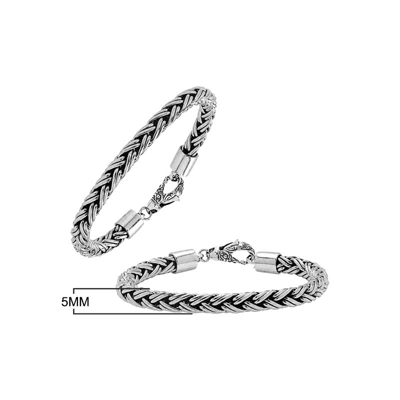 Sterling silver thick braided wheat chain bracelet with oxidized finish and hook clasp handcrafted in Bali.