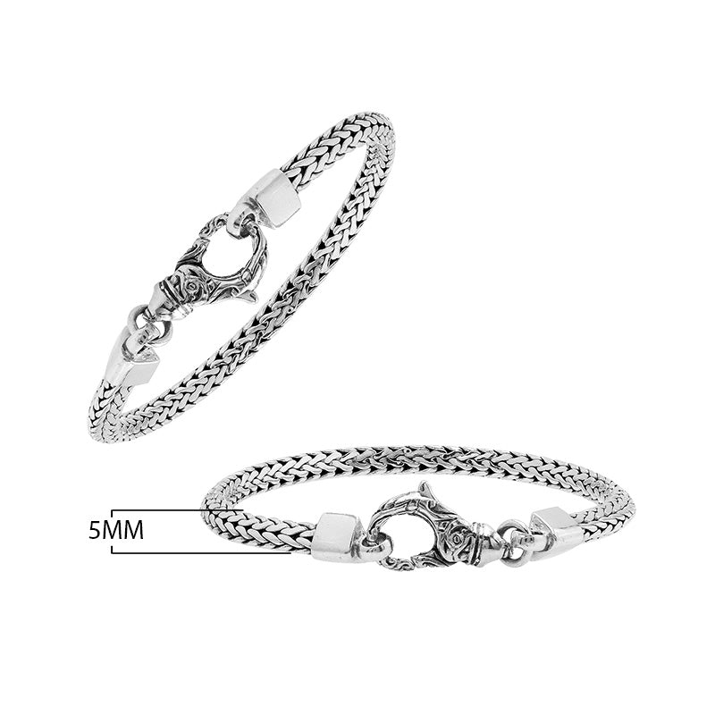 Wholesale sterling silver bracelet featuring a sleek 5MM Balinese woven chain with polished and oxidized details secured by a durable lobster clasp.