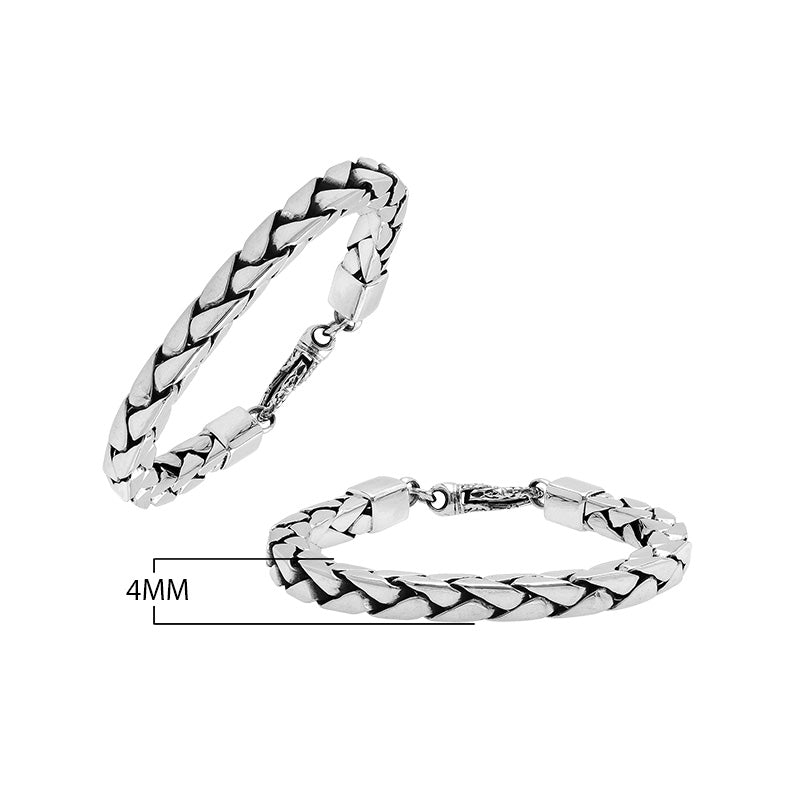 Wholesale sterling silver bracelet featuring a bold 4MM flat-weave chain with polished and oxidized accents and a secure lobster lock.