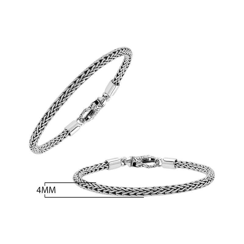 Wholesale sterling silver bracelet featuring a 4MM artisan-woven chain design with polished oxidized details and a decorative lobster lock for secure fastening.