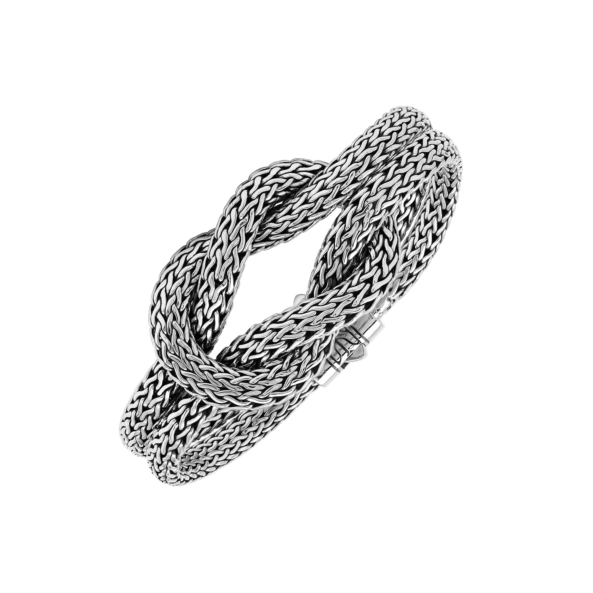 Wholesale sterling silver multi-strand woven knot bangle featuring a thick Balinese-style chain weave and a secure push clasp for premium artisan jewelry displays.