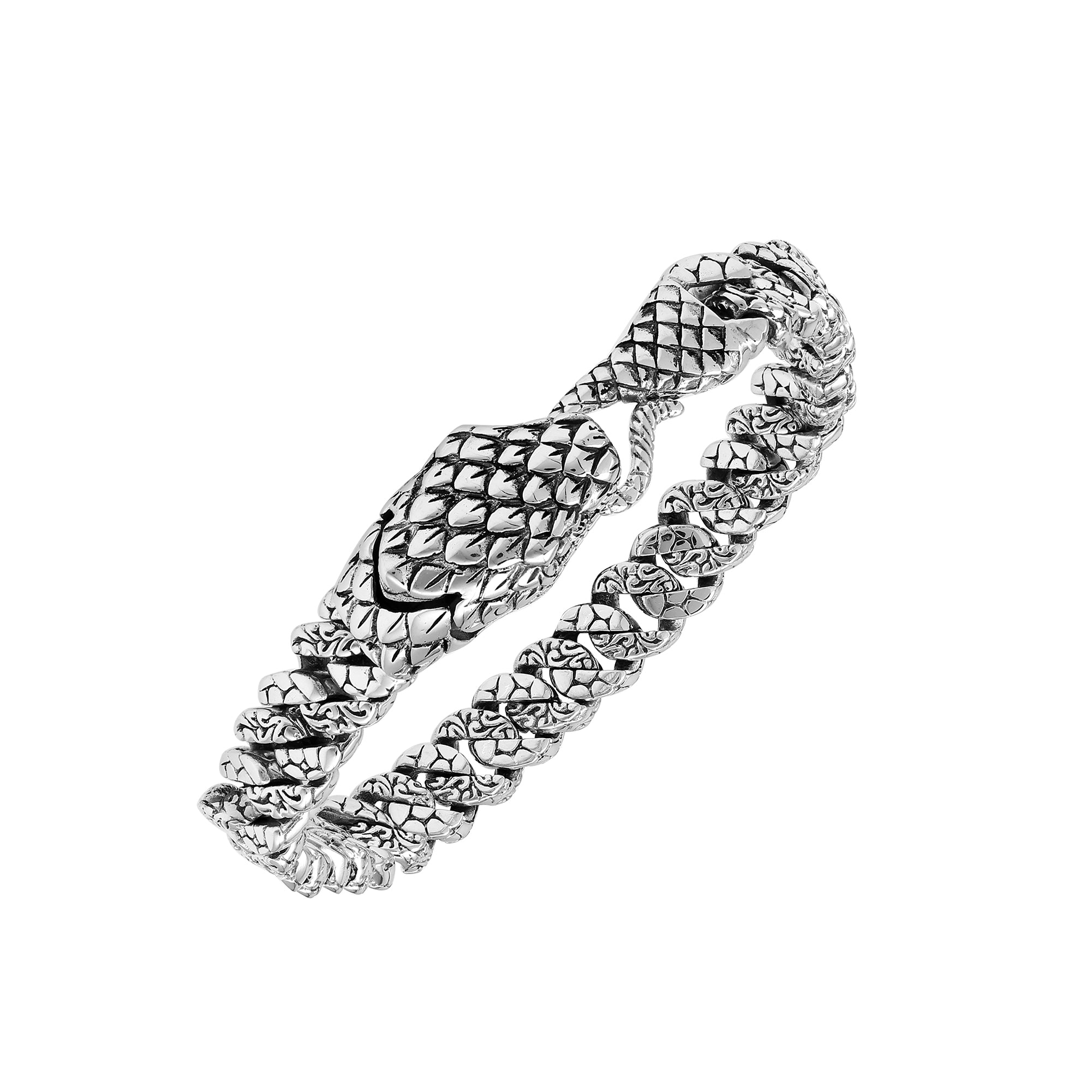 Wholesale sterling silver dragon-scale textured bangle featuring a woven chain structure and secure hook lock, crafted with bold Balinese artisan detailing for premium collections.