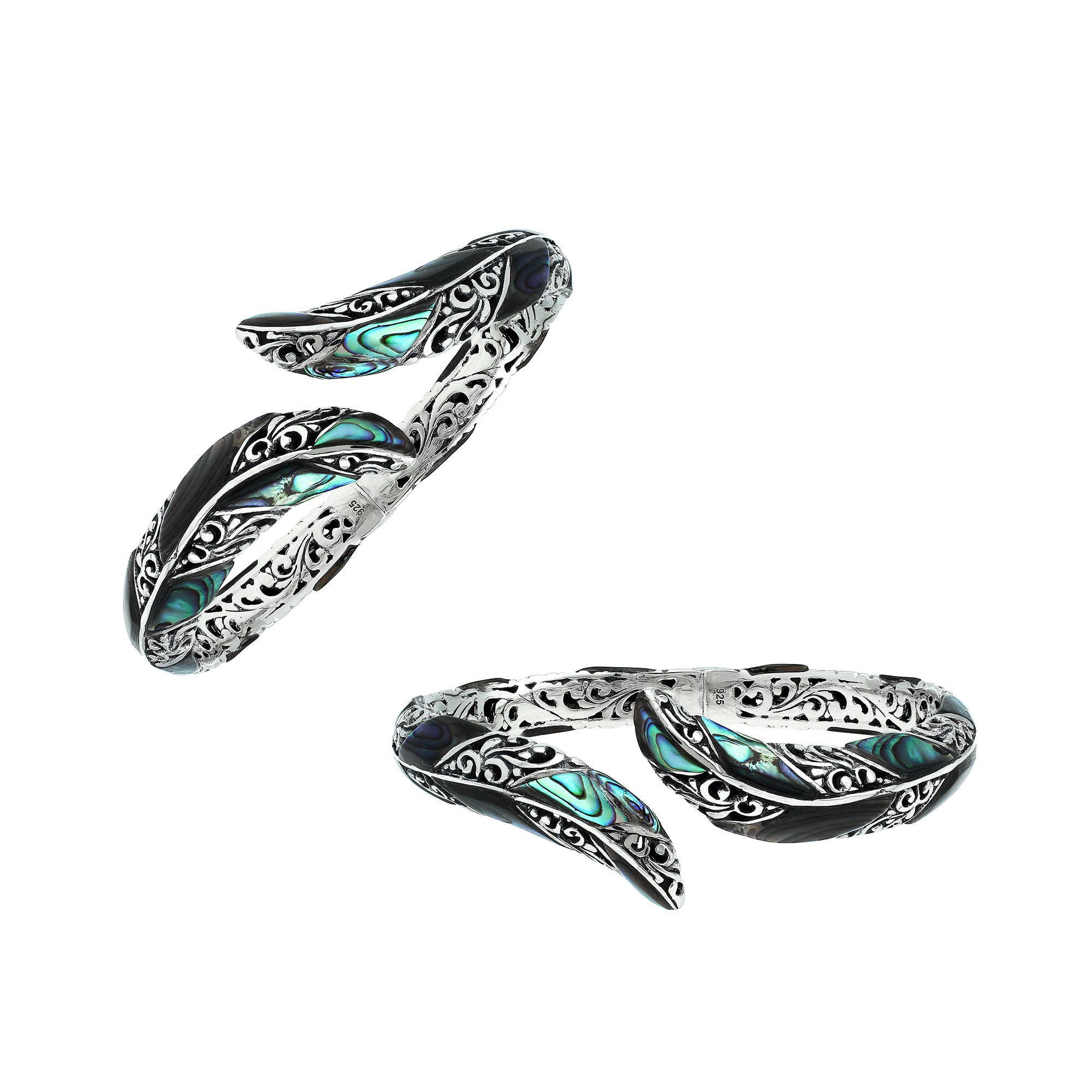 Wholesale sterling silver feather-inspired bangle featuring iridescent Abalone Shell inlays, ornate Balinese scroll engravings, and a secure hinge lock for premium artisan-style jewelry collections.