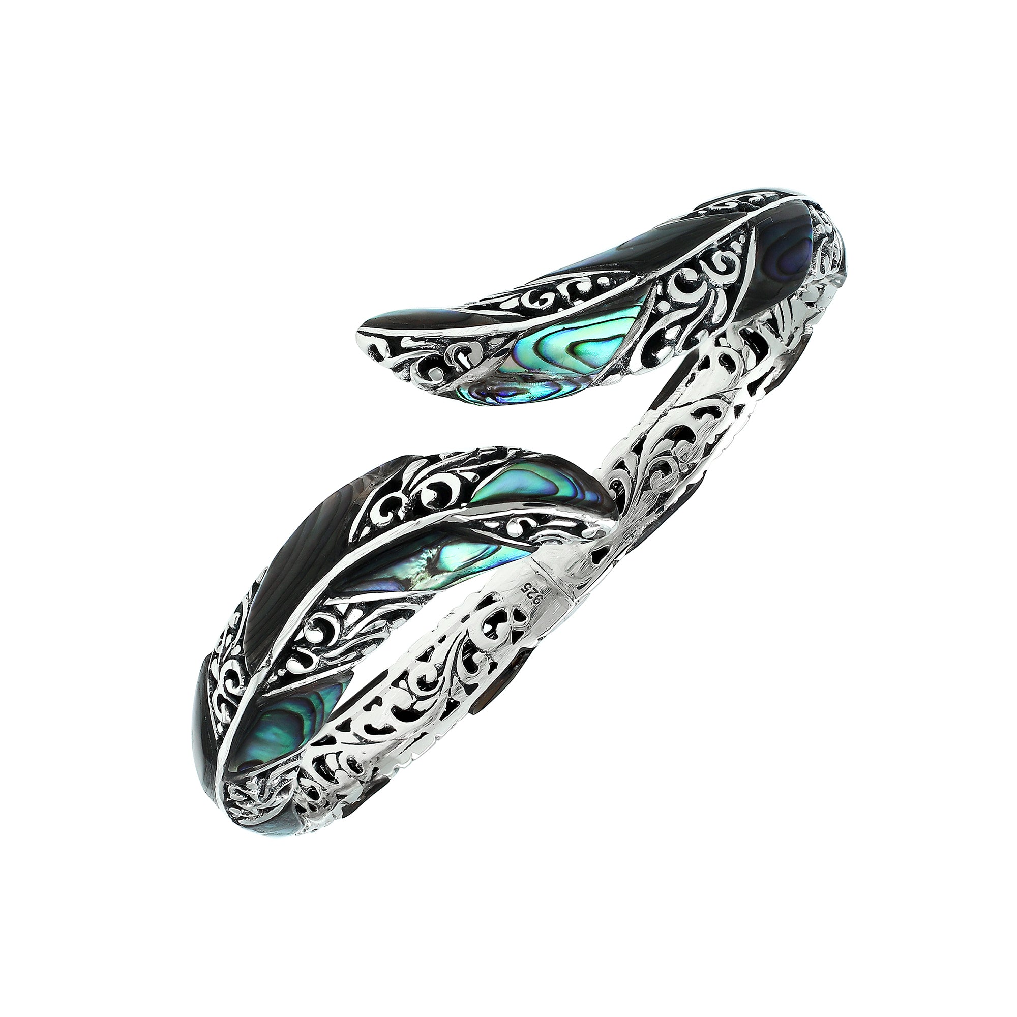 Wholesale sterling silver feather-inspired bangle featuring iridescent Abalone Shell inlays, ornate Balinese scroll engravings, and a secure hinge lock for premium artisan-style jewelry collections.