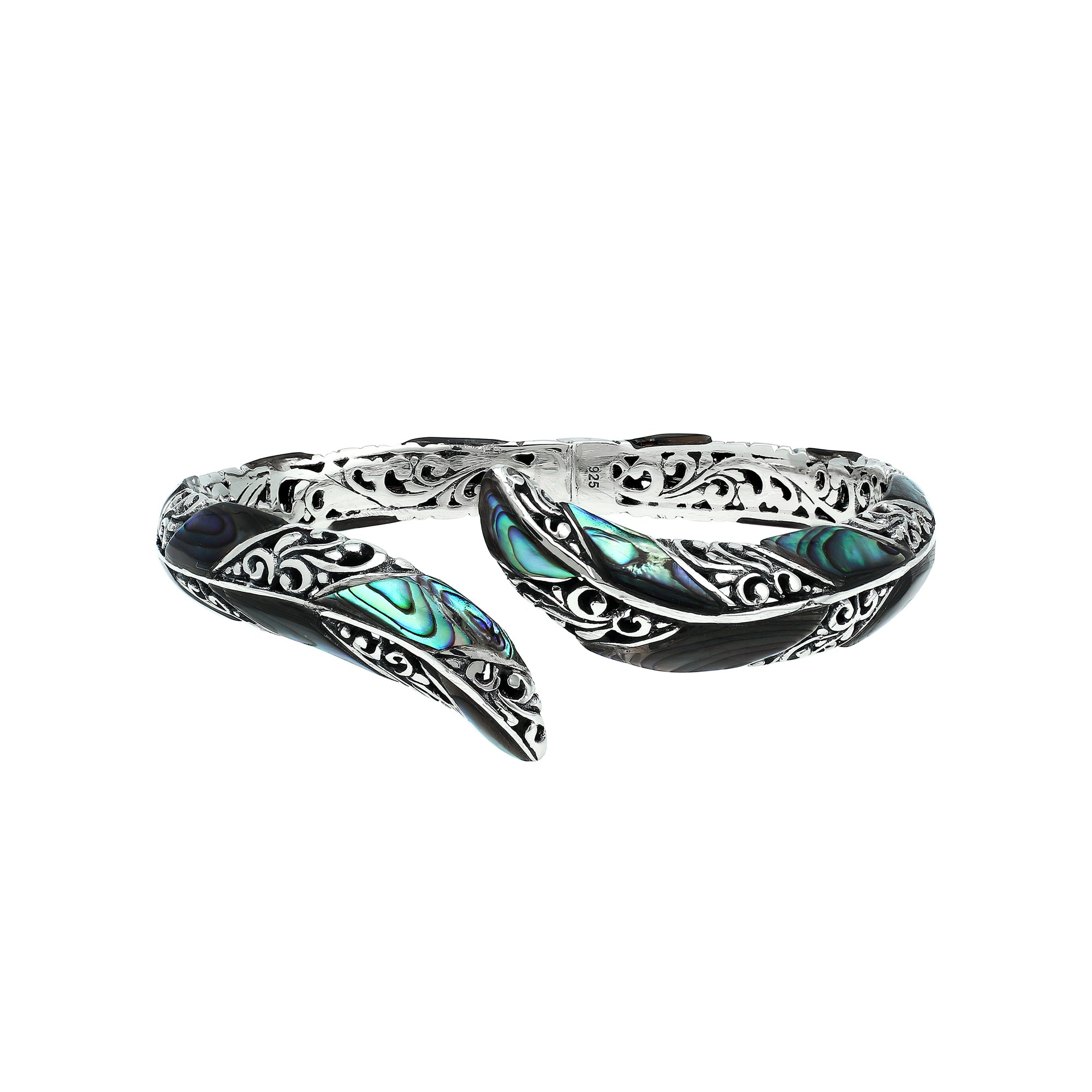 Wholesale sterling silver feather-inspired bangle featuring iridescent Abalone Shell inlays, ornate Balinese scroll engravings, and a secure hinge lock for premium artisan-style jewelry collections.