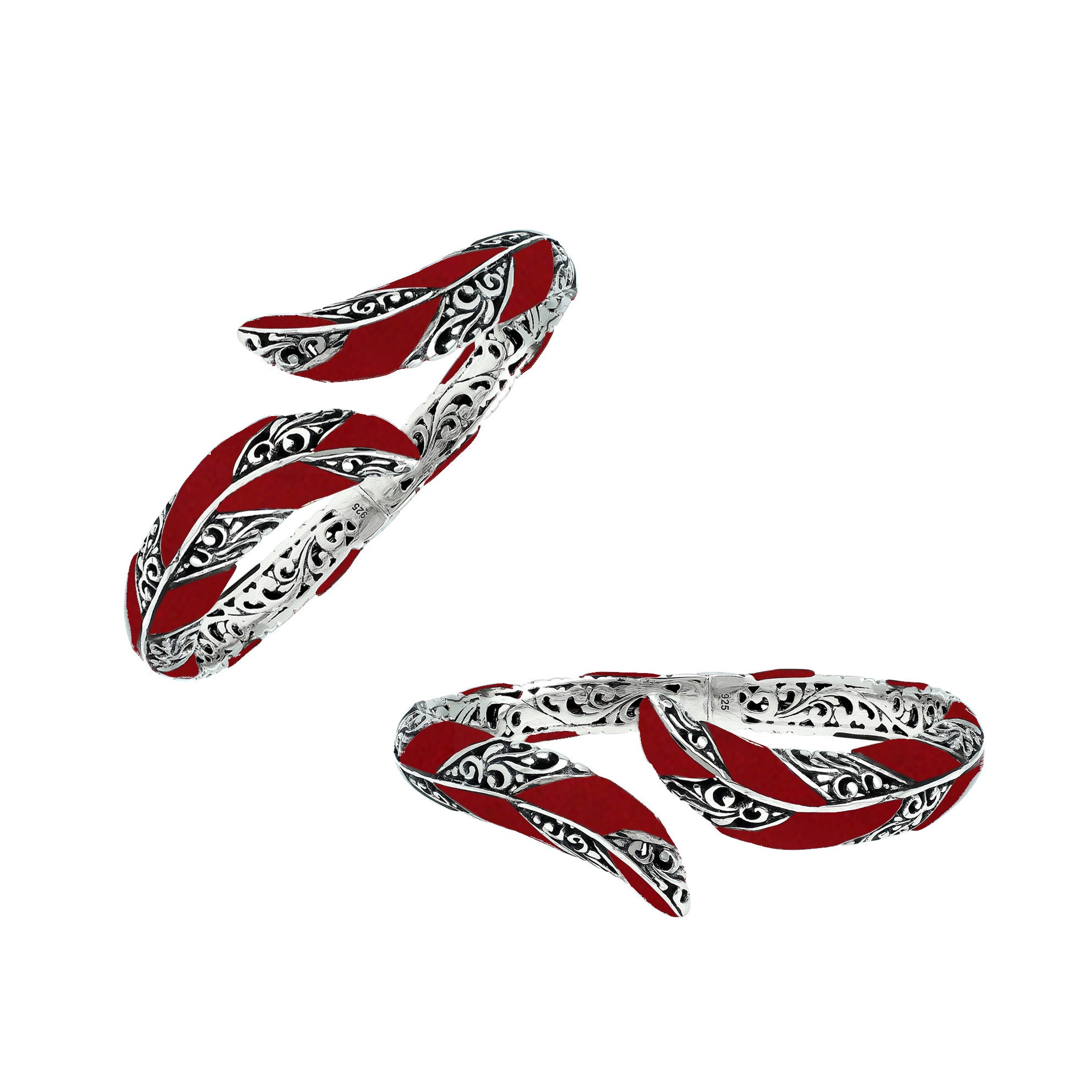 Wholesale sterling silver feather-inspired bangle featuring bold Red Coral inlays, ornate Balinese scroll engravings, and a secure hinge lock for premium artisan-style jewelry assortments.