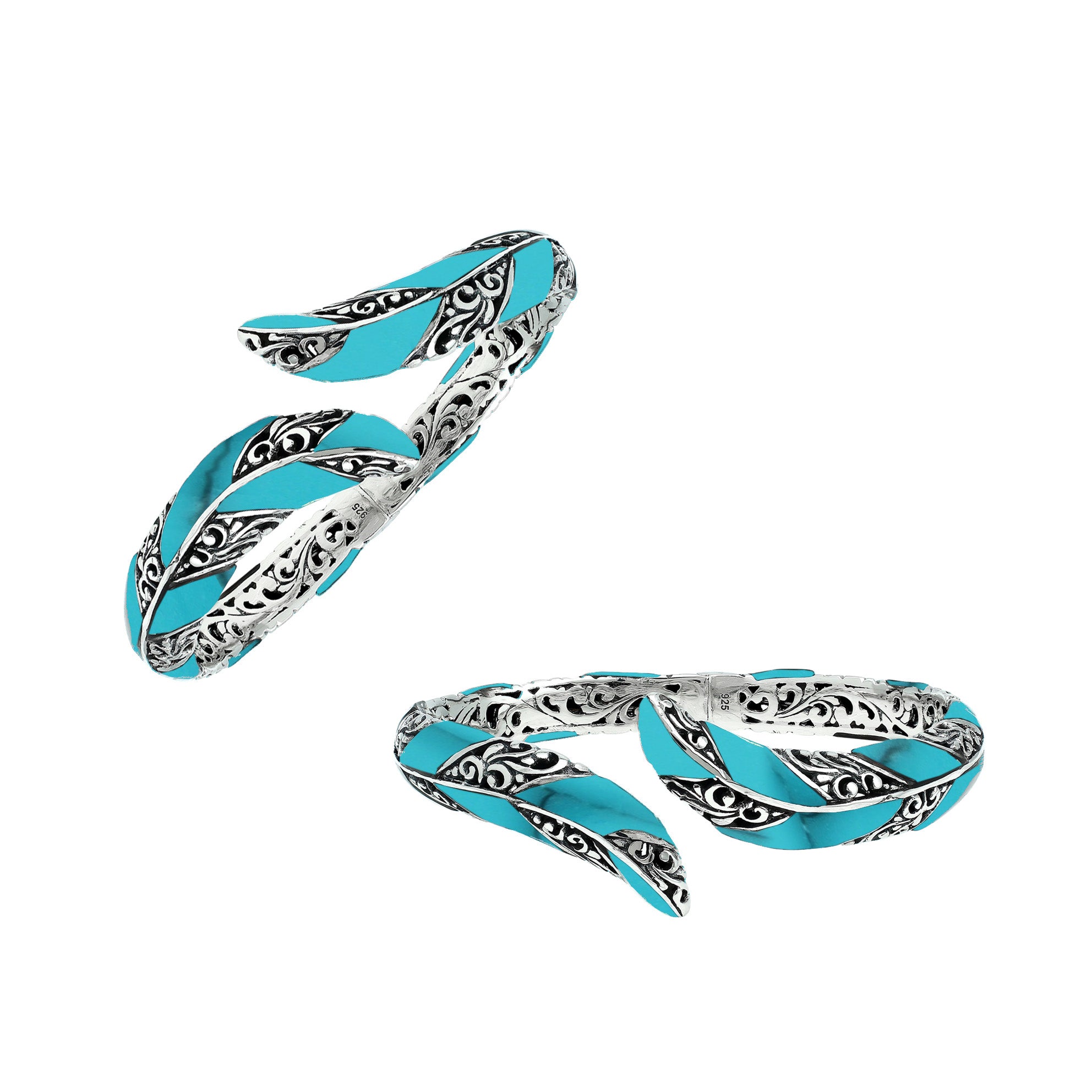 Wholesale sterling silver feather-style bangle featuring Turquoise Shell inlays, ornate Balinese scroll engravings, and a secure hinge lock for premium artisan jewelry assortments.