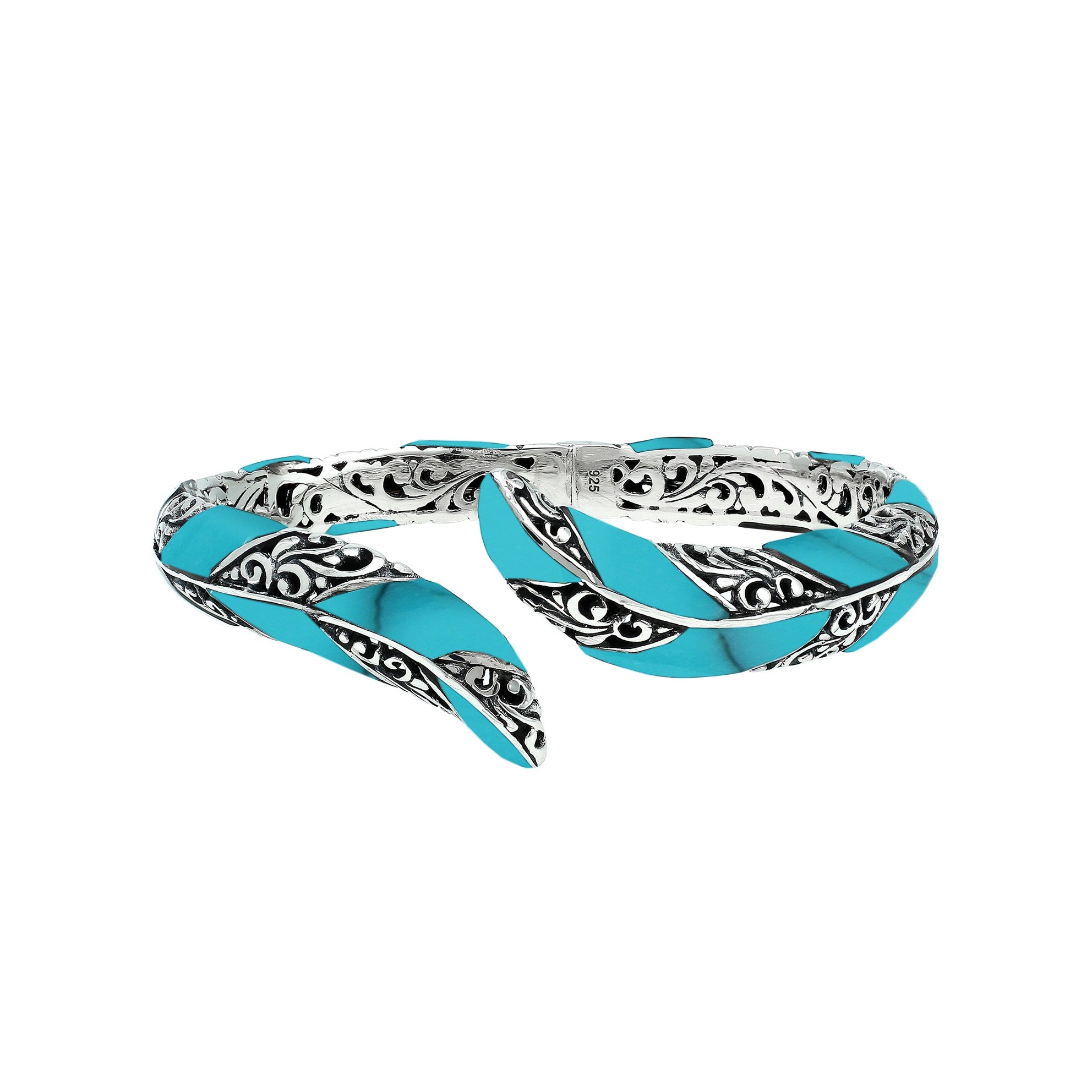 Wholesale sterling silver feather-style bangle featuring Turquoise Shell inlays, ornate Balinese scroll engravings, and a secure hinge lock for premium artisan jewelry assortments.