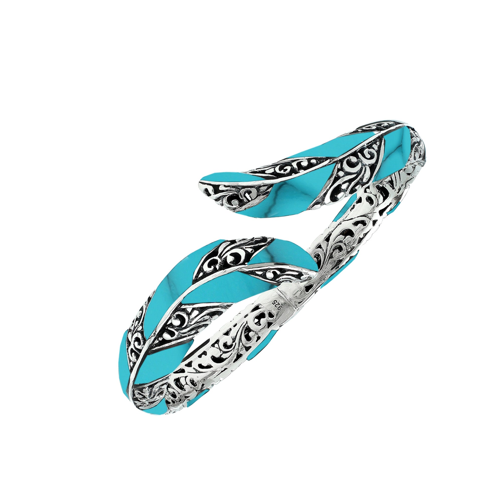 Wholesale sterling silver feather-style bangle featuring Turquoise Shell inlays, ornate Balinese scroll engravings, and a secure hinge lock for premium artisan jewelry assortments.