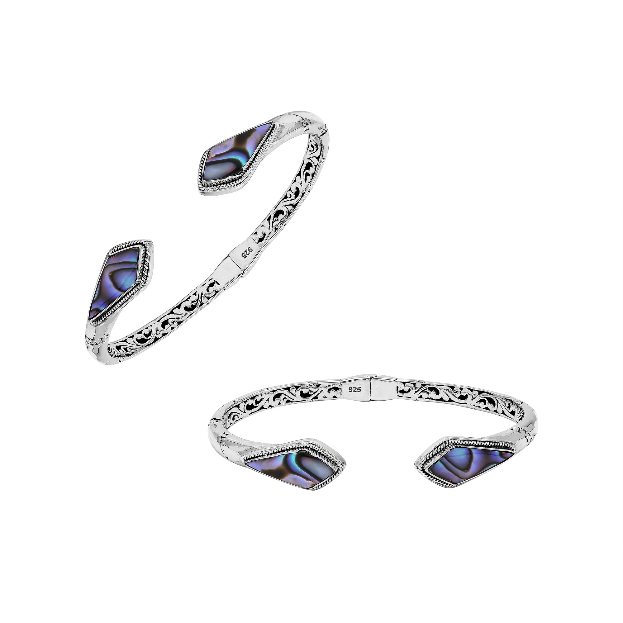 Wholesale sterling silver open bangle featuring Abalone Shell geometric ends, detailed Balinese engravings, and a secure hinge lock for premium artisan-inspired jewelry assortments.
