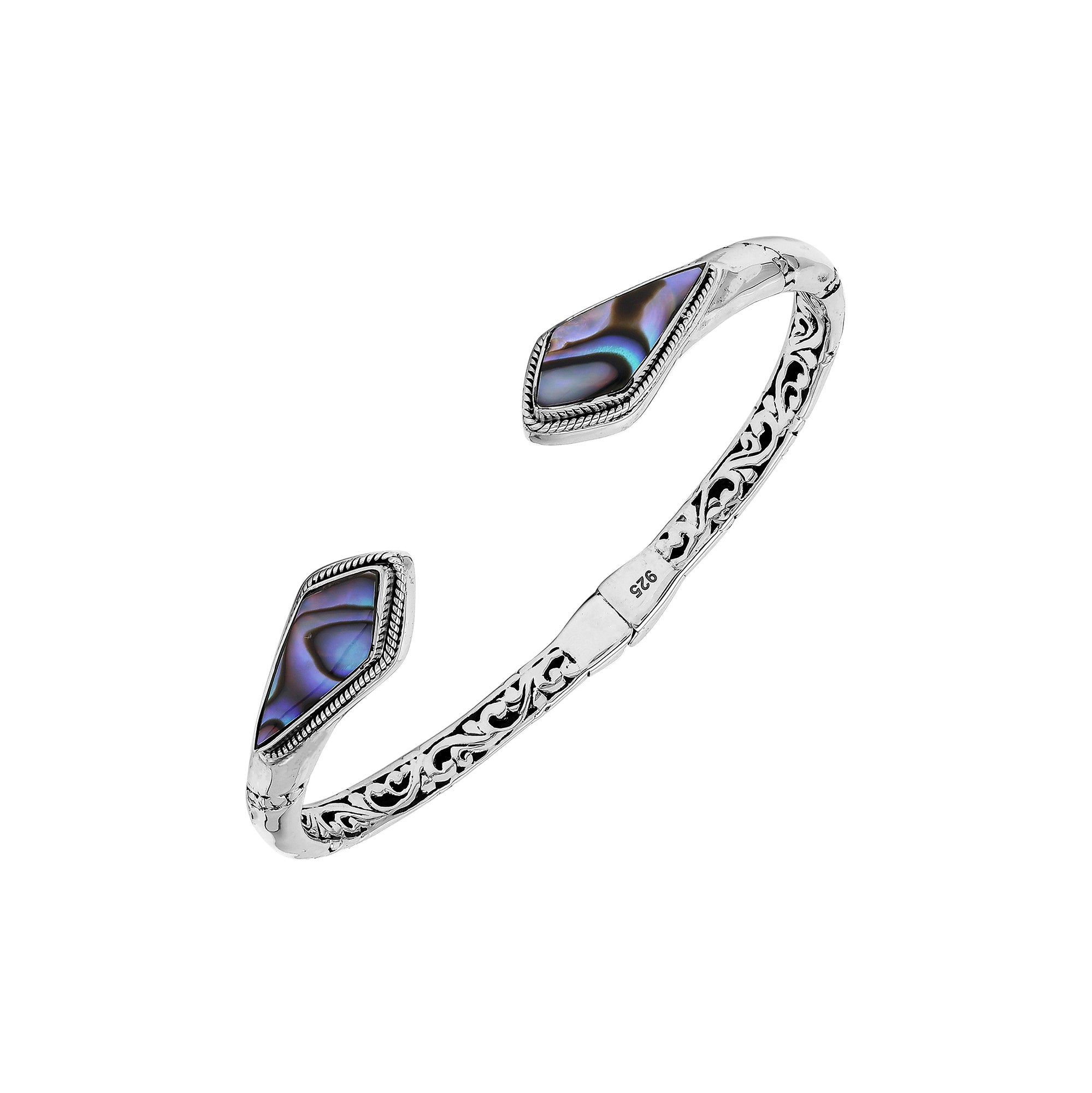 Wholesale sterling silver open bangle featuring Abalone Shell geometric ends, detailed Balinese engravings, and a secure hinge lock for premium artisan-inspired jewelry assortments.