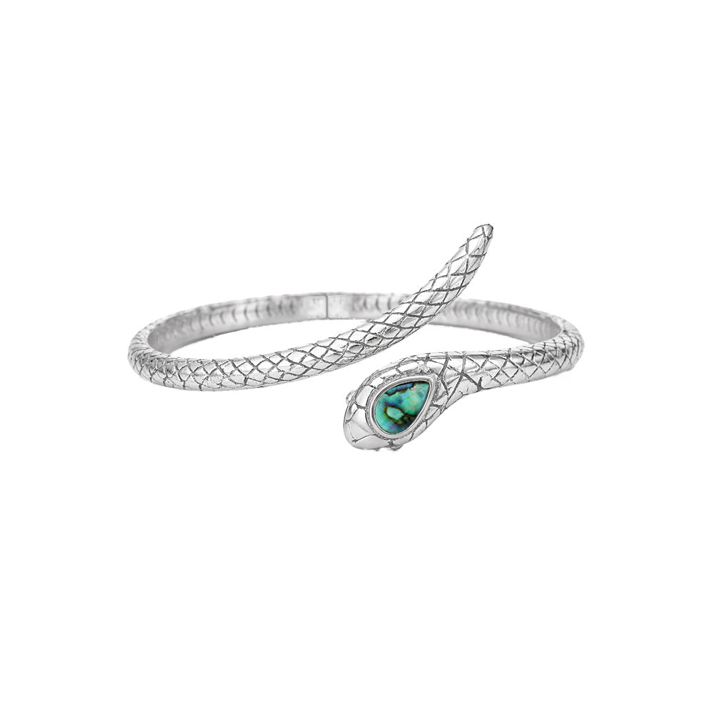 Sterling silver Abalone Shell serpent wrap cuff bracelet with detailed scale texture