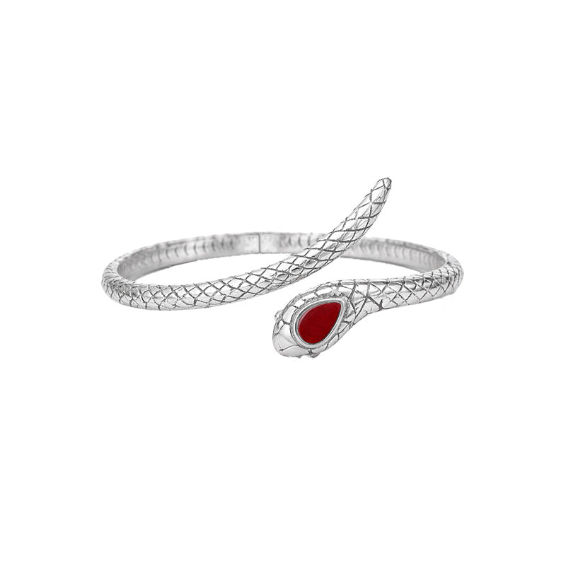 Sterling silver Red Coral serpent wrap cuff bracelet with detailed scale texture