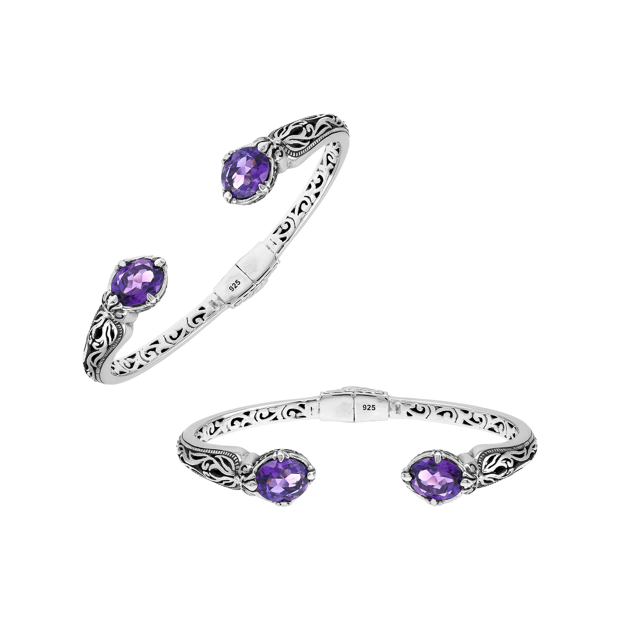 Sterling silver Amethyst Quartz open cuff bangle bracelet with handcrafted Balinese detailing
